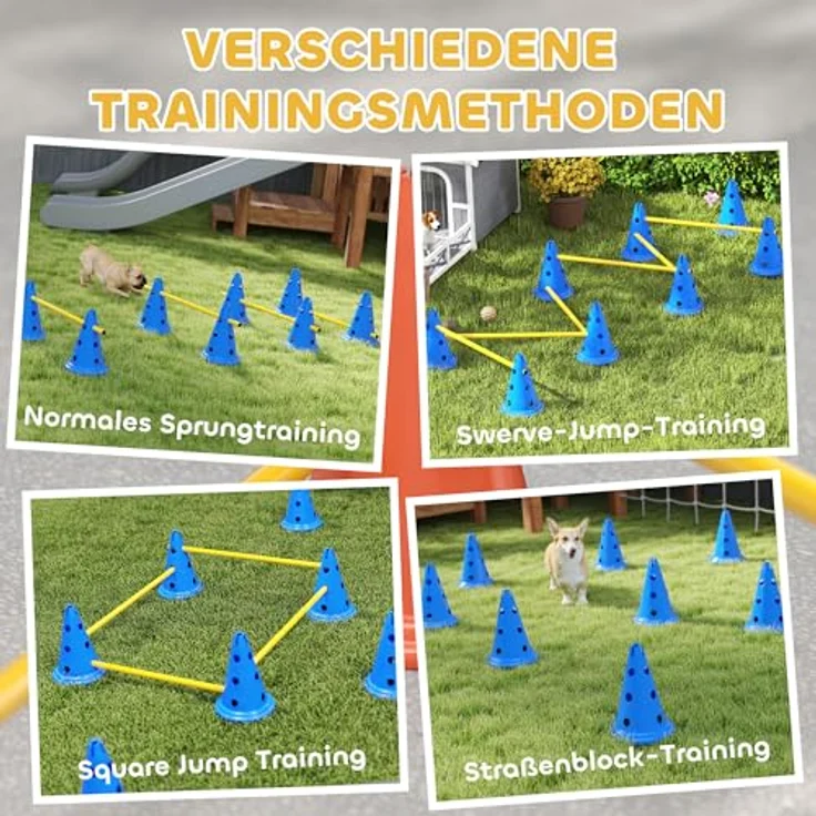 PawHut Agility Set Hunde, 6-teiliges Agility Ausrüstung mit 12 Kegeln, höhenverstellbar und tragbar, blau – Bild 4