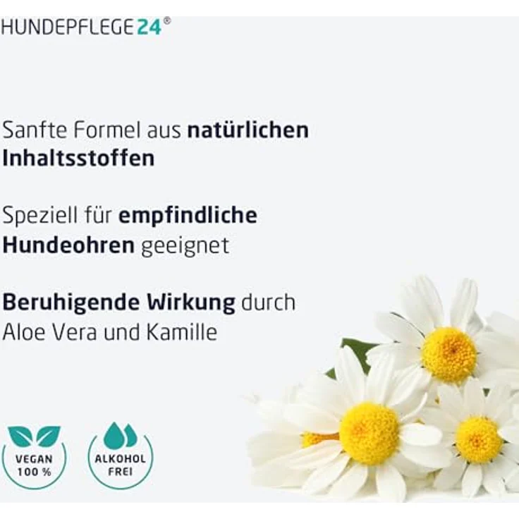 Hundepflege24 Ohrenreiniger für Hunde & Katzen, natürliche Ohrentropfen mit Kamille & Aloe Vera, beruhigt Juckreiz & Kopfschütteln, 250ml – Bild 3