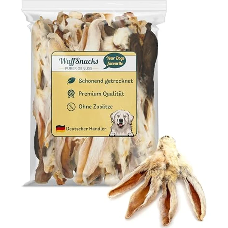 WuffSnacks Getrocknete Kaninchenohren mit Fell, 1kg, 100% natürlicher Kausnack, hypoallergen und proteinreich für Hunde – Bild 1