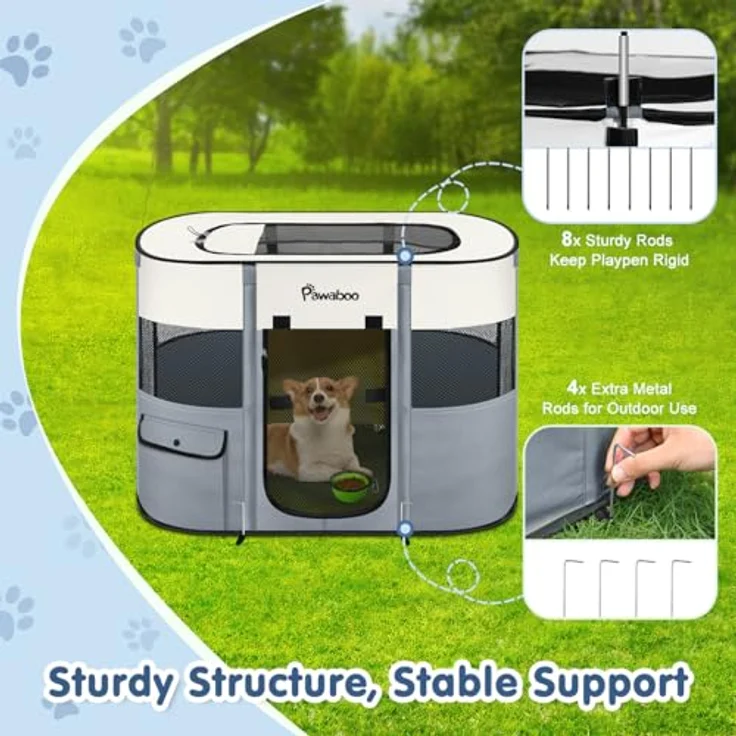 Pawaboo Tragbarer Hunde-Laufstall, 81 × 61 × 56 cm, grau, aus 600D Oxford-Gewebe mit atmungsaktiven Netzeinsätzen und faltbarem Design – Bild 5