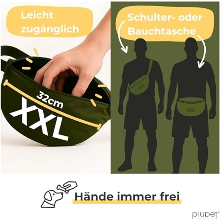 PiuPet® Leckerlitasche, wasserdichte Gassitasche für Hunde mit 3 Reißverschlussfächern, 2-in-1 Bauchtasche & Umhängetasche, herausnehmbare Innentasche, grün – Bild 4