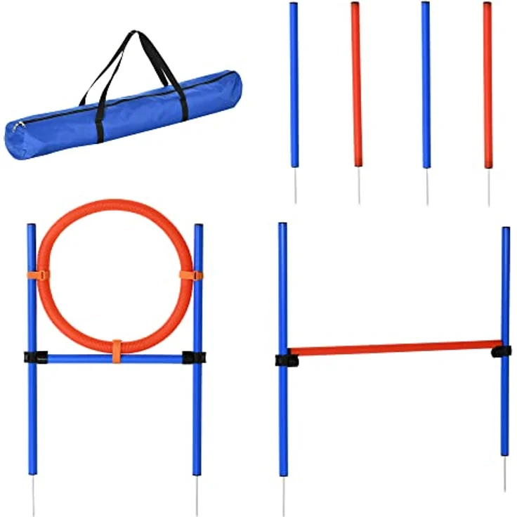 PawHut Agility-Übungs-Set, Slalom-Hürden-Sprungring 3 in 1 für Hundesport, flexibel höhenverstellbar, PE Blau-Rot, inkl. Tragetasche – Bild 1