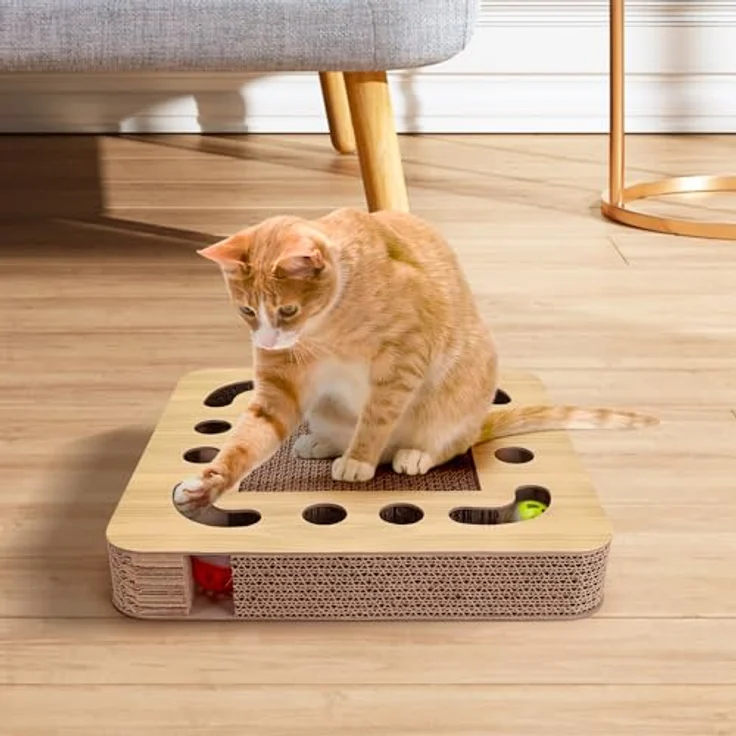 Nobleza Katzenkratzbrett, interaktives 3-in-1 Katzenspielzeug mit Minze und 2 Klingelballs, aus Wellpappe – Bild 5