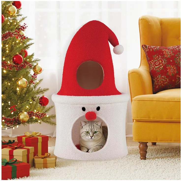 COSTWAY Kratztonne, Weihnachtsmann-Design, Katzenhöhle mit Teddy-Fleece, rot und weiß, für bis zu 15 kg