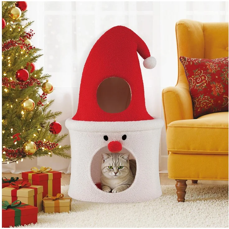 COSTWAY Kratztonne, Weihnachtsmann-Design, Katzenhöhle mit Teddy-Fleece, rot und weiß, für bis zu 15 kg