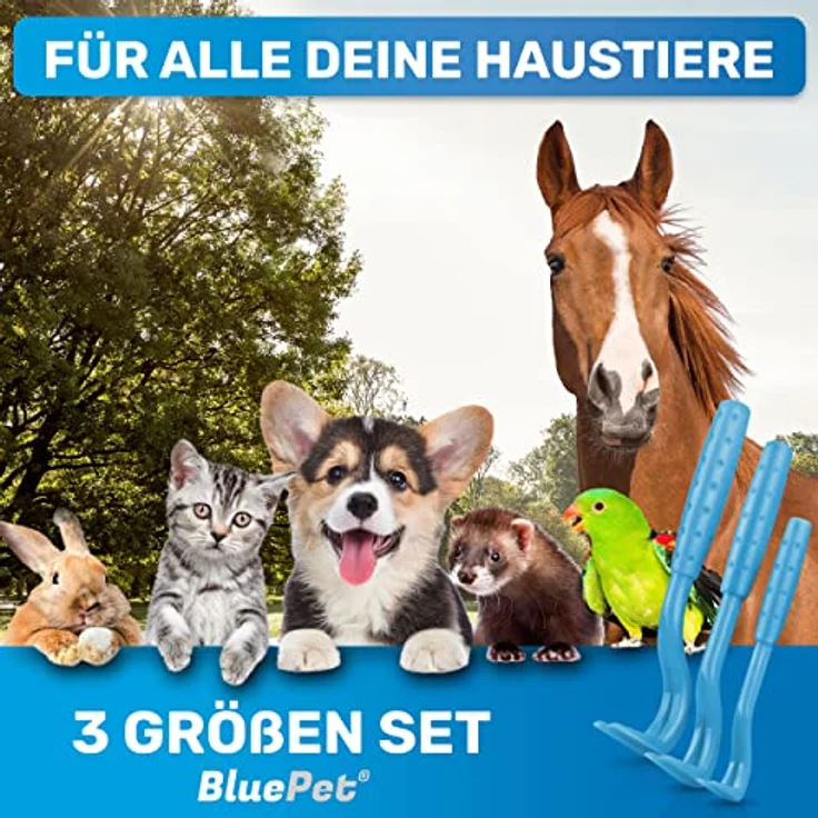 BluePet 3er Set Zeckenhaken, Zeckenentferner für Hunde, Katzen, Pferde & Menschen, präzise Handhabung, verschiedene Größen, hochwertiger Kunststoff – Bild 2