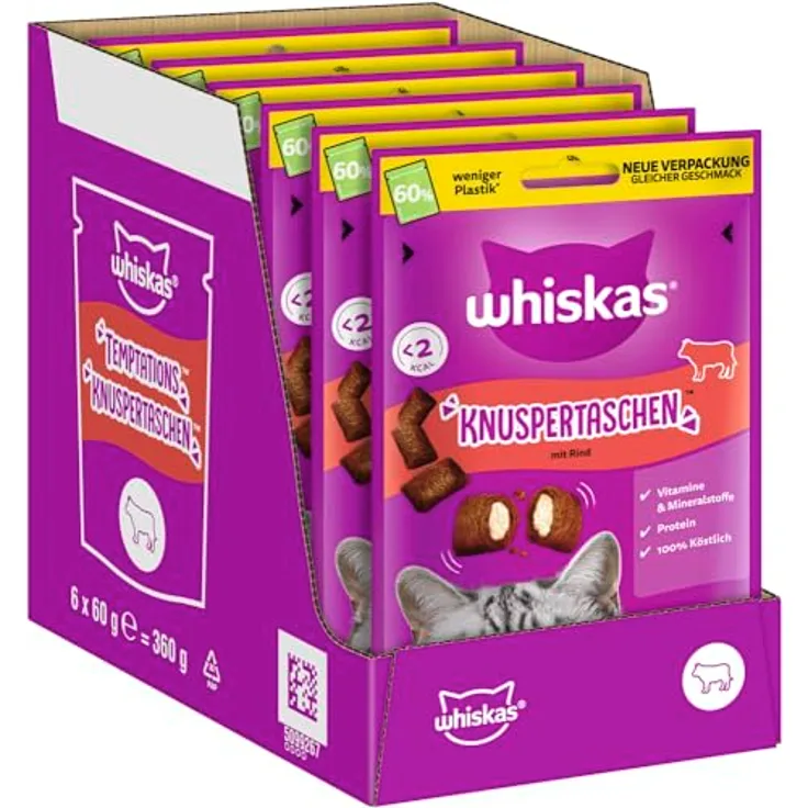 WHISKAS Knuspertaschen Katzensnacks mit Rind, 6 x 60g – Angereichert mit Vitaminen und Mineralstoffen, weniger als 2 kcal pro Leckerli