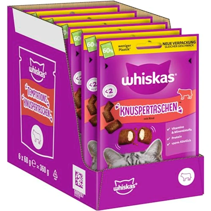 WHISKAS Knuspertaschen Katzensnacks mit Rind, 6 x 60g – Angereichert mit Vitaminen und Mineralstoffen, weniger als 2 kcal pro Leckerli – Bild 1