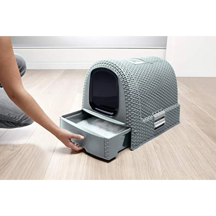 Curver petlife Katzentoilette mit Deckel, Katzenklo inklusive Schaufel, moderne Rattangeflecht-Optik, grau-blau, 51,5 x 38,5 x 40 cm – Bild 3