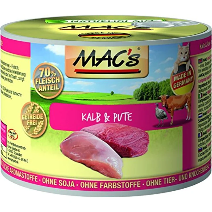 MAC's Cat Kalb & Pute, getreidefreies Katzen-Nassfutter, 6 x 200 g, mit min. 35% Kalbfleisch und 35% Putenfleisch