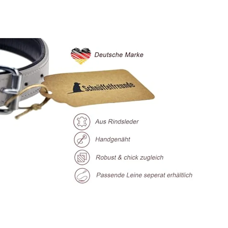 Schnüffelfreunde Hundehalsband aus Leder, gepolstert, robust, für kleine bis große Hunde, Größe S (24-30 cm), Grau – Bild 2