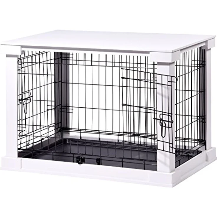 dobar® Design Hundekäfig aus Holz Gr. M, Hundebox mit Tischoberfläche und herausziehbarer Kunststoffwanne, 83 x 55 x 59 cm, Weiß – Bild 3