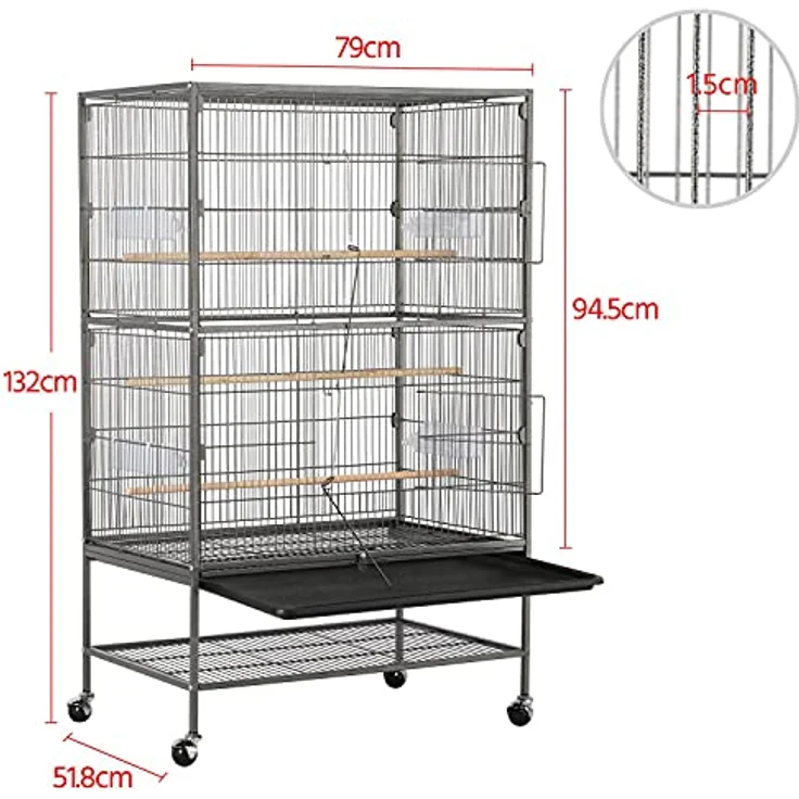 Yaheetech Vogelvoliere, großer Vogelkäfig mit 2 Türen, 3 Holzsitzstangen, 4 Rollen und abnehmbarer Schmutzwanne, 52 x 79 x 132 cm – Bild 3