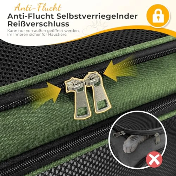 TOFFCAEA Faltbare Transporttasche für Katze und Hund, tragbare Hundetransportbox bis 5kg, grün, L 43 x B 28 x H 28 cm, atmungsaktiv und mit Sicherheitsgurten – Bild 4