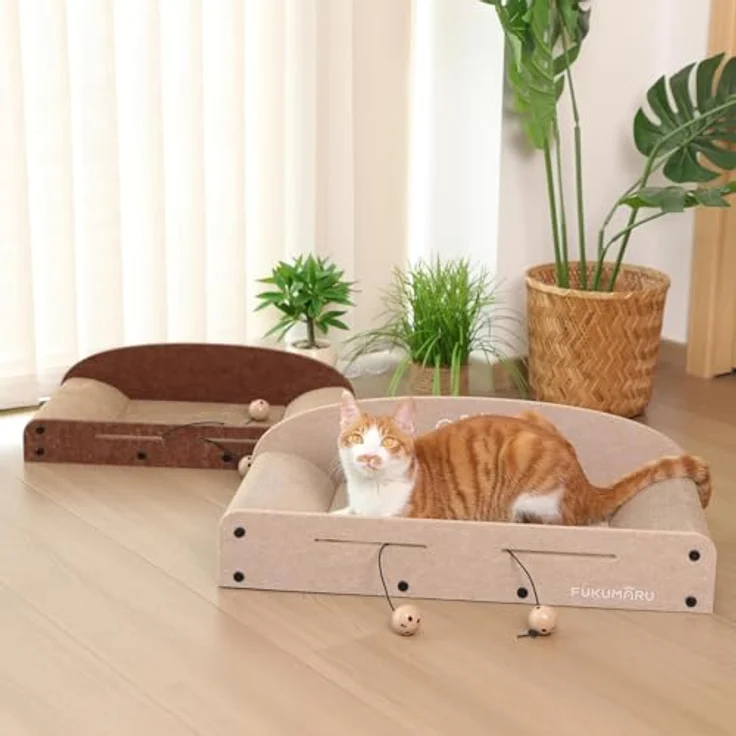 FUKUMARU Kratzbrett für Katzen, 66 cm, langlebige Wellpappe und Filz, 2 wendbare Kratzpads, recycelbares Katzenkratzbett mit Glockenballspielzeug, Beige – Bild 5