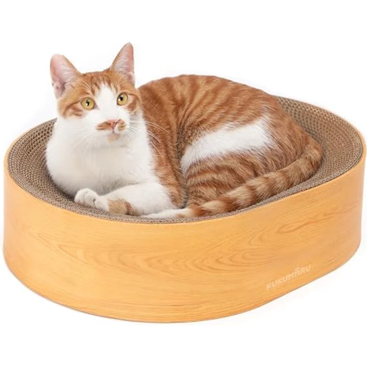 FUKUMARU Ovales Kratzbrett für Katzen, 2-in-1 Kratzmöbel und Lounge, hochwertige Wellpappe, Holzfarbe, ergonomisches Design für Komfort und Krallenpflege – Bild 1