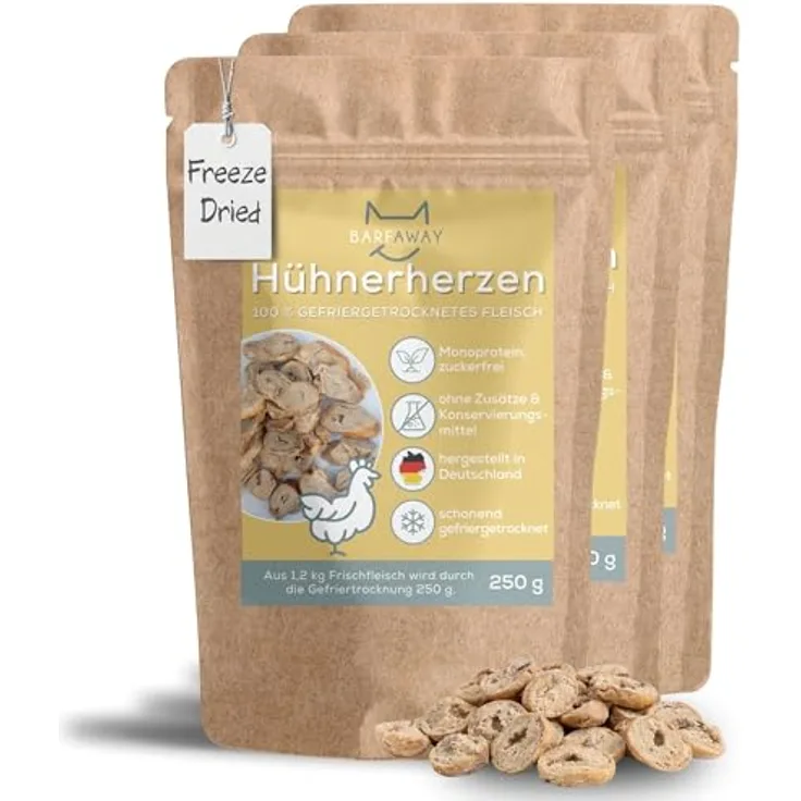 BARFAWAY gefriergetrocknete Hühnerherzen, gesunde Hundeleckerlies, 100% natürlich, getreidefrei, zuckerfrei, Deutsche Herstellung, 3er Pack (3 x 250 g)