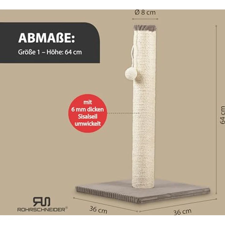 Rohrschneider Kratzbaum klein, Kratzsäule mit Spielkugel, Sisalstärke 6 mm, Bodenplatte mit Cordüberzug, Höhe 64 cm, Taupe – Bild 3
