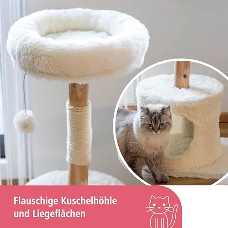 Kerbl Pet Kratzbaum Lucia, weiß, 90 cm, aus Birnenholz mit flauschigen Liegeflächen und Sisalstämmen, inkl. Spielball – Bild 3