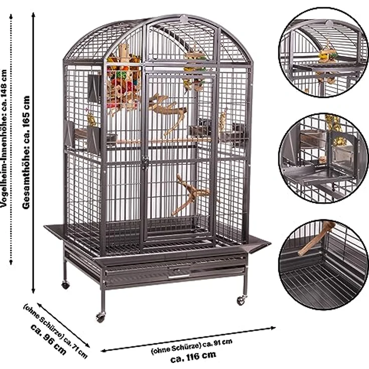 Montana Cages Hacienda Dome Vogelvoliere, Papageienkäfig für kleine- & mittelgroße Papageien, 4 Edelstahlnäpfe, Anflugklappe, Antik Edition, ca. 91 x 71 x 165 cm – Bild 2