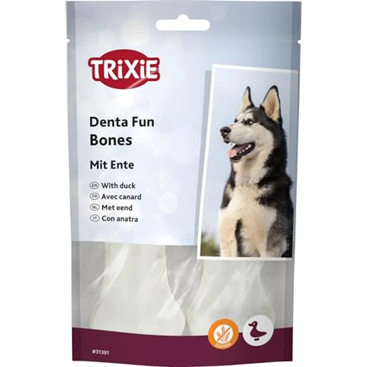 TRIXIE Denta Fun Knochen mit Ente, Rinderhaut gefüllt, glutenfrei, 2 Stück, 10 cm, 70 g – Bild 1