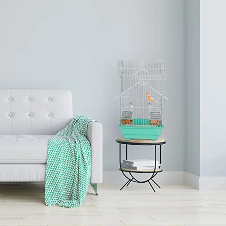 Relaxdays Vogelkäfig für kleine Kanarienvögel, mit Sitzstangen & Futternäpfen, 50 x 42,5 x 33,5 cm, hellblau/mintgrün – Bild 2