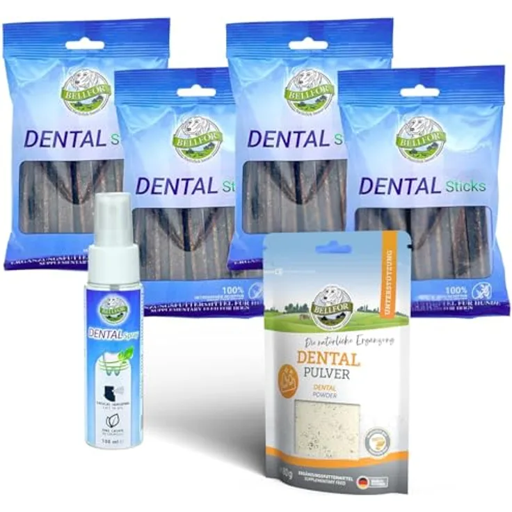 Bellfor Zahnpflege Sparset, optimale Zahnpflege für Hunde, Dental Pulver 80 g + 4 x 100 g Dental Sticks + 100 ml Dental Spray