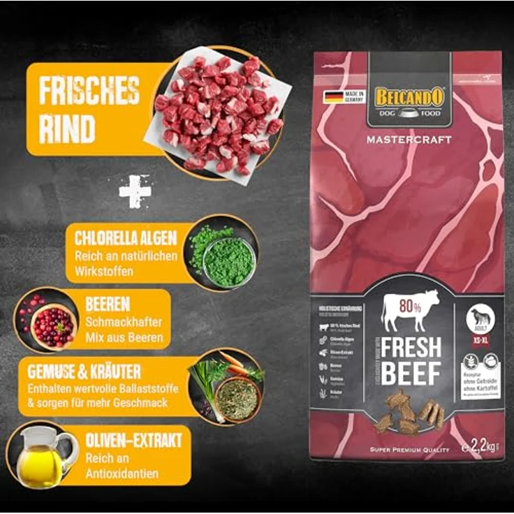 BELCANDO MASTERCRAFT Hundefutter trocken Fresh Beef, 2,2kg, 80% frisches Rindfleisch, getreidefrei, für alle Rassen, Made in Germany – Bild 4