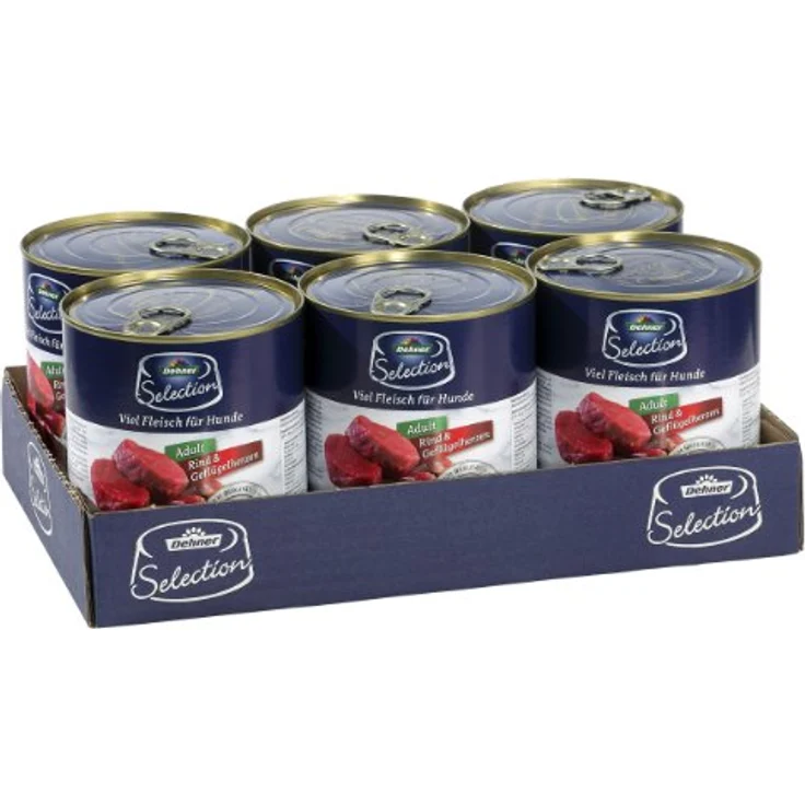 Dehner Premium Hundefutter Nassfutter, getreidefrei für ausgewachsene Hunde, Rind / Geflügelherzen, 6 x 800 g Dose (4.8 kg) – Bild 3