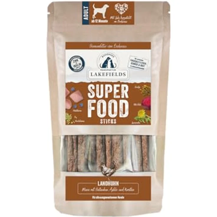 Lakefields SUPERFOOD Sticks | Premium Hundeleckerli vom Landhuhn, 61% Fleisch, 130g, Getreidefrei mit Heidelbeeren, Leinsamen & Rote Beete, entwickelt mit Tierärzten – Bild 1