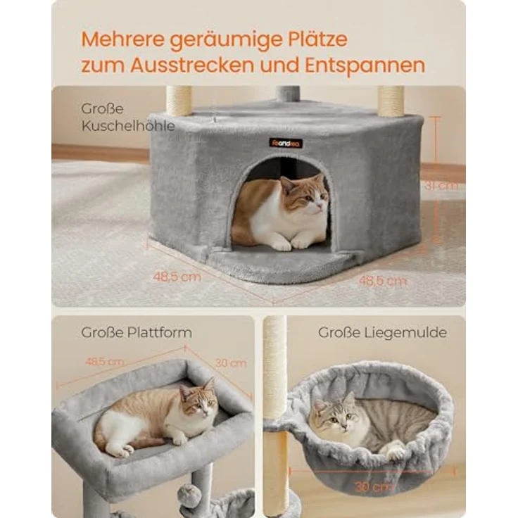 Feandrea Kratzbaum, Katzenbaum, 48,5 x 48,5 x 140,7 cm, Katzenkratzbaum mit großer Kuschelhöhle, großen Plattformen, Plüschbällen, Liegemulde, Taubengrau – Bild 4