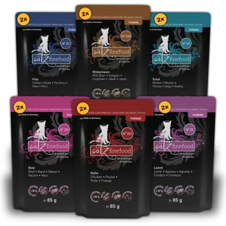 catz finefood Purrrr Collection I - Monoprotein Nassfutter für Katzen - getreidefrei, zuckerfrei, hypoallergen, hoher Fleischanteil, 12 Beutel à 85 g