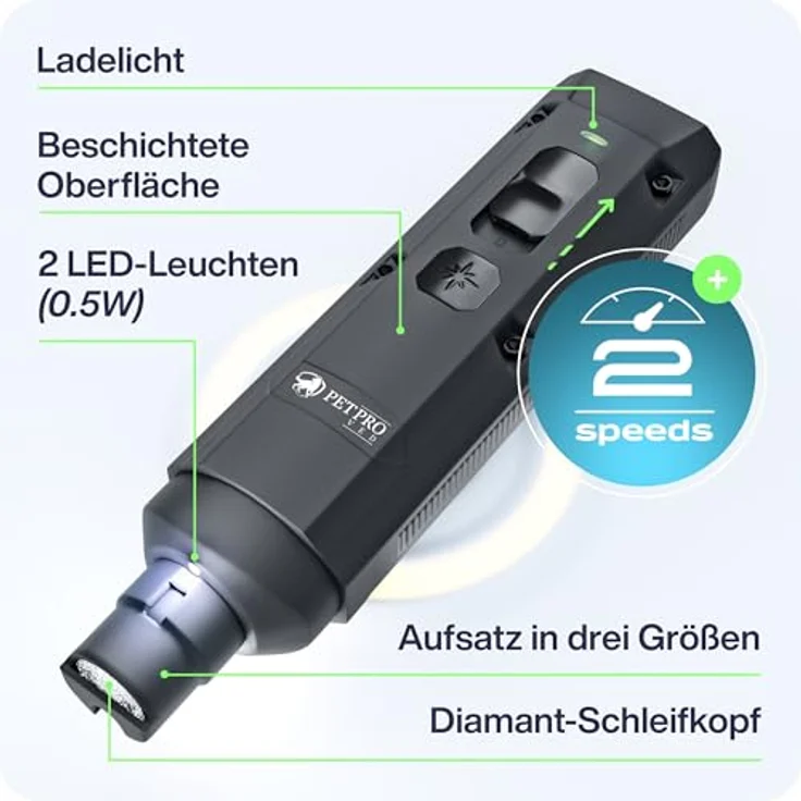 PETPROVED Krallenschleifer für Hunde, Elektrisch mit LED-Licht, 2 Geschwindigkeiten, grau – Bild 3