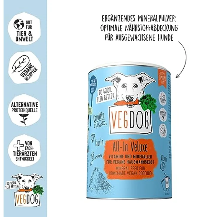 VEGDOG All-In Veluxe hypoallergenes Mineralpulver, 650 g zur Zubereitung pflanzlicher Hundenahrung, ideal für Allergiker – Bild 2