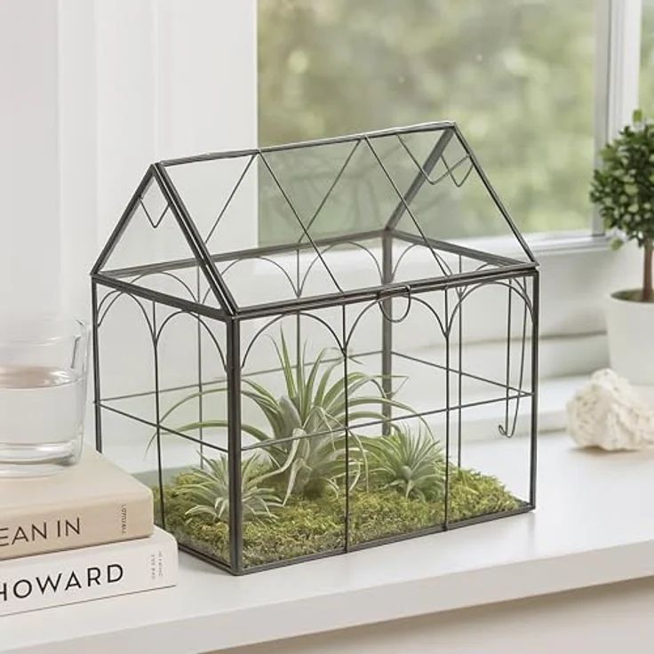 Relaxdays Pflanzenterrarium, Glas-Gewächshaus in Hausform, pflegeleicht mit antikem Metallrahmen, H 25 cm – Bild 2