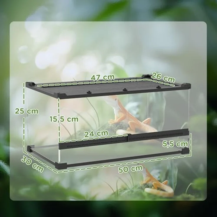 PawHut Terrarium mit Frontbelüftung, ausbruchsicherem Drehverschluss, 360°-Rundumsicht, schwarz, 50L x 30B x 25H cm – Bild 7
