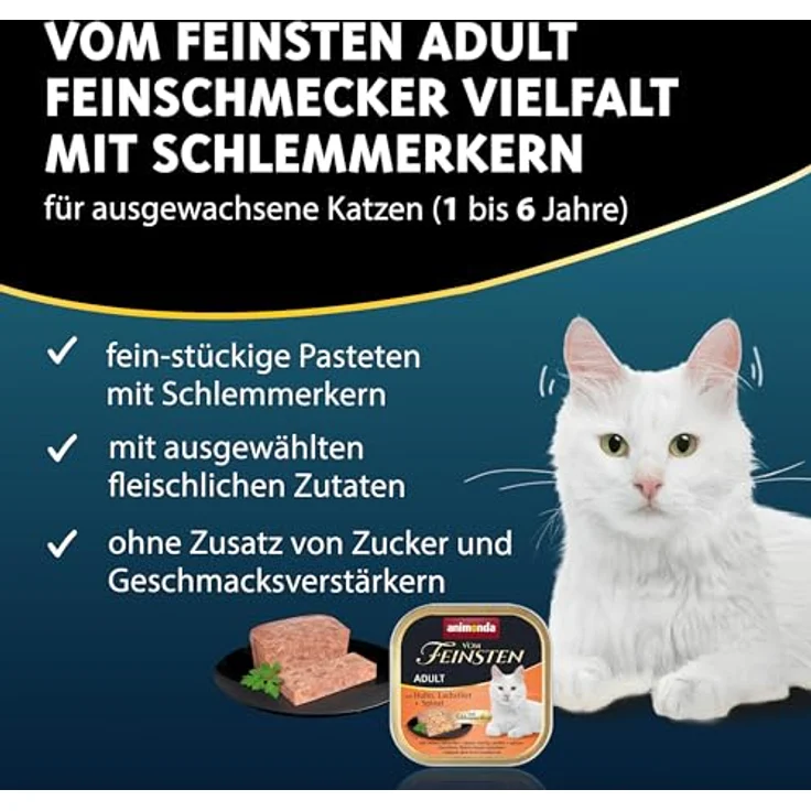 animonda Vom Feinsten Adult Feinschmecker Vielfalt, Nassfutter für ausgewachsene Katzen, 32 x 100 g, ohne Getreide und Zucker, mit köstlichem Schlemmerkern aus Lachs und Gemüse – Bild 2