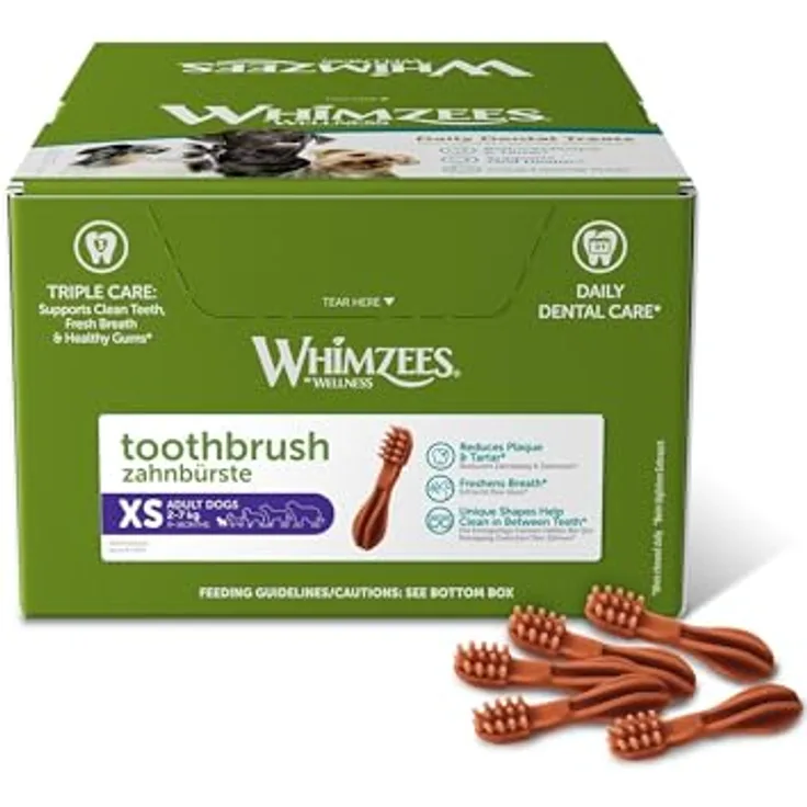 WHIMZEES Zahnbürste Größe XS, glutenfreier vegetarischer Hundesnack zur Plaque- und Zahnsteinbeseitigung, 350 St. im Display (1 x 2.8 kg)