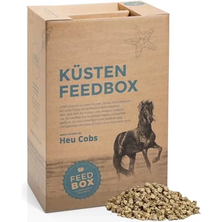 STRÖH Küsten-Heu-Cobs (30kg Feedbox) Pferd, Frisches Ostseegras - Hochwertiges Heufutter aus 100% Natur für Allergiker und ältere Pferde