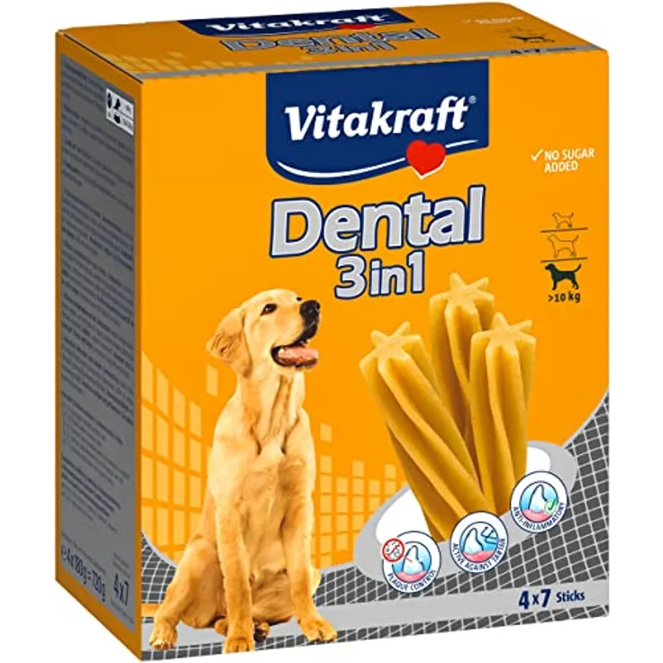 Vitakraft Hundezahnpflegesnack Multipack Dental 3in1, für mittelgroße Hunde ab 10 kg, zuckerfreie Rezeptur, 4 Packungen mit je 7 Sticks