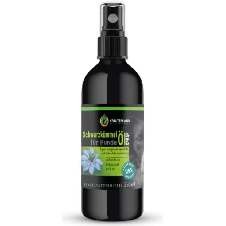 KRÄUTERLAND Schwarzkümmelöl Spray für Hunde, 250ml kaltgepresst nativ, praktische Sprühflasche zur Futterergänzung und Fellpflege – Bild 1