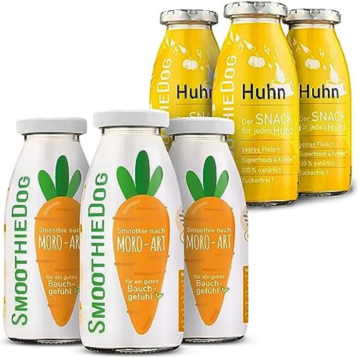 SmoothieDog Hunde Smoothie 6er Mix, Huhn & Morosuppe, flüssiges Hundeleckerli, zucker- & glutenfrei, je 250ml