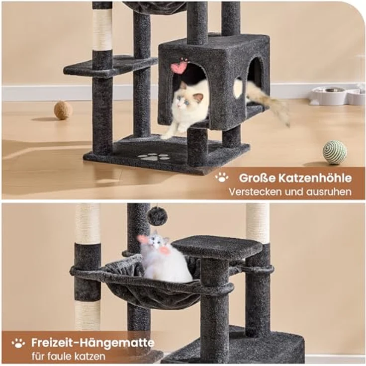 MSmask Kratzbaum groß, L Katzenbaum Stabil, Katzenkratzbaum mit 2 Plattformen, 2 Katzenhöhlen, Hängematte, Sisalsäulen, mehrstöckiger Kletterbaum für Katzen (Dunkelgrau, 160 cm) – Bild 5