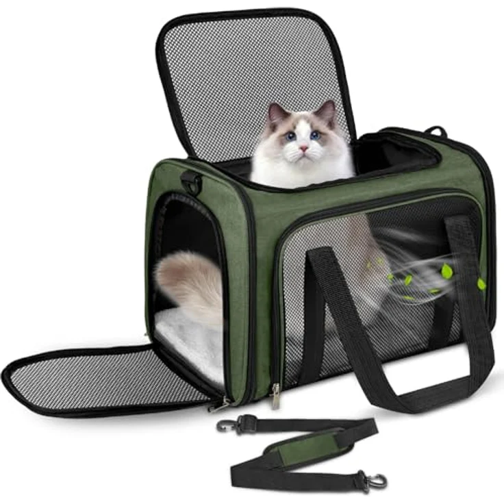 TOFFCAEA Faltbare Transporttasche für Katze und Hund, tragbare Hundetransportbox bis 5kg, grün, L 43 x B 28 x H 28 cm, atmungsaktiv und mit Sicherheitsgurten – Bild 1