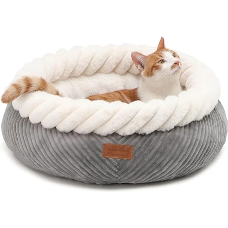 FUKUMARU Katzenbett, waschbar, 55x55x21cm, runder Katzenkorb mit erhöhtem Rand, weiches Cord, rutschfeste Unterseite, grau – Bild 1