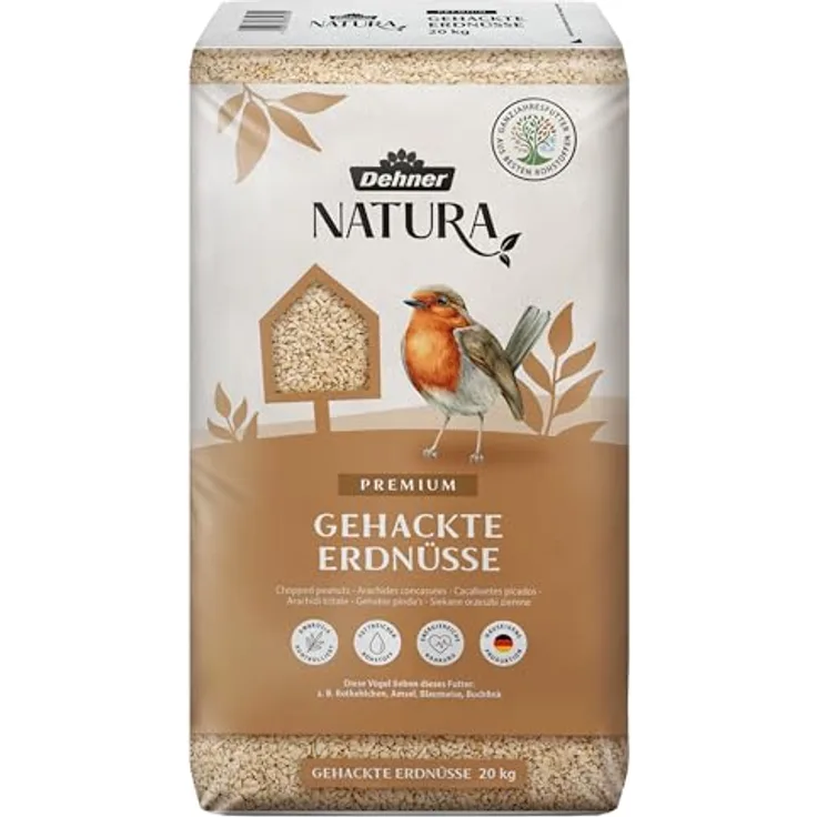 Dehner Natura Premium Wildvogelfutter, gehackte Erdnüsse schalenfrei, proteinreiches Ganzjahresfutter für Wildvögel, 20 kg