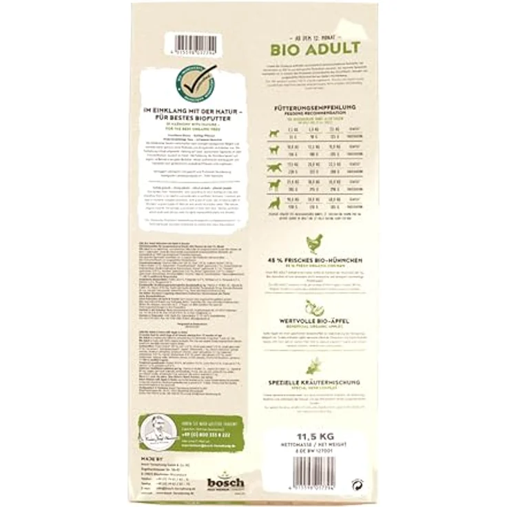 bosch HPC BIO Adult Hühnchen & Apfel, Hundefutter für ausgewachsene Hunde, 100 % Bio-Rohstoffe, 11.5 kg – Bild 2