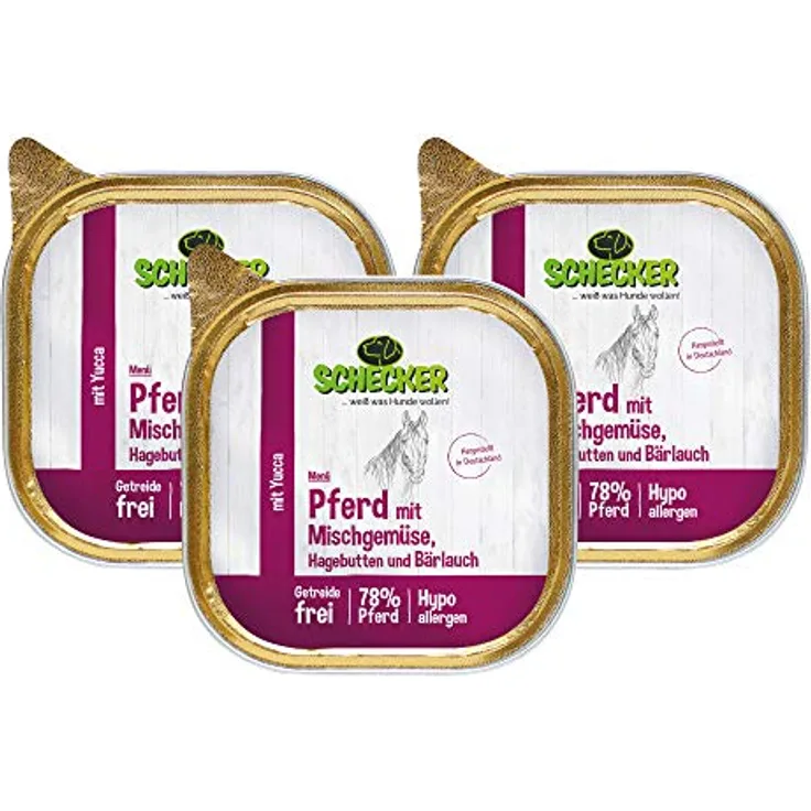 Schecker Nassfutter Hundemenü Pferd mit Mischgemüse, 3 x 200 g, 78% Pferd, getreidefrei, hypoallergen
