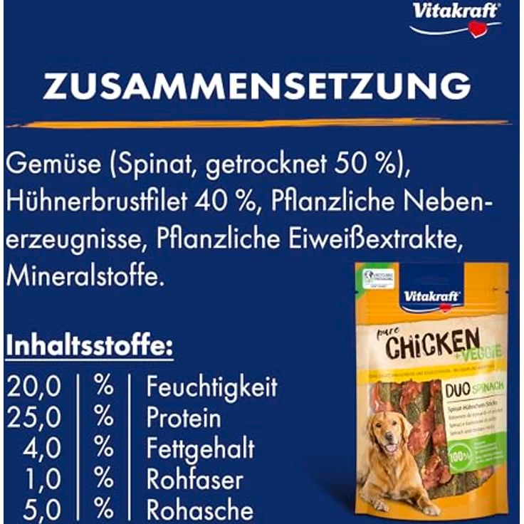 Vitakraft Chicken Veggie Spinatstick mit Hühnchen, 100% Fleisch, ohne Zusatzstoffe, 80g – Bild 3
