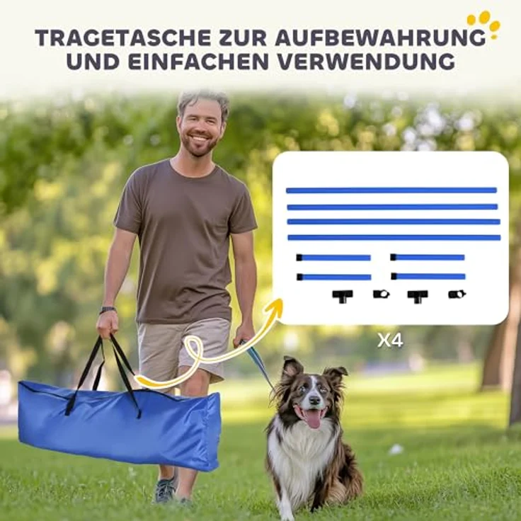 PawHut Agility Hürdenset, Slalom Stangen Hunde Training Set mit 4 Hürden, Kunststoff, Blau, 95x65x95cm, höhenverstellbar, inkl. Tragetasche – Bild 5